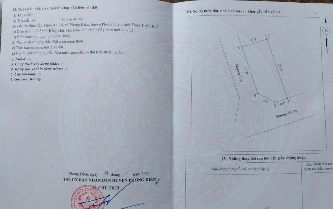 Lô đất góc KQH Cồn Khoai An Lỗ, Phong Điền, Thừa Thiên Huế 209.5m² giá 1.6 tỷ - Đầu tư sinh lời ngay!