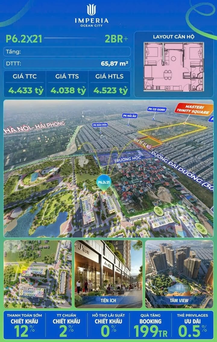 Căn hộ Imperia Ocean City Gia Lâm 65m² giá 4.03 tỷ - View sông Hồng cực đẹp!