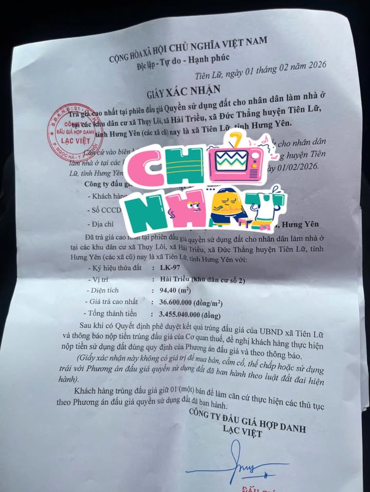 Đất nền lô góc Huyện Tiên Lữ 94m² giá thỏa thuận - Cơ hội đầu tư hấp dẫn!