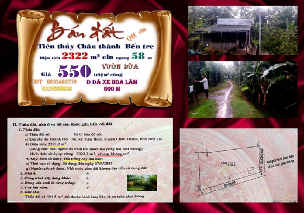 Đất vườn dừa Tiên Thủy Châu Thành 2322m² giá 1.277 tỷ - Đầu tư sinh lời ngay!