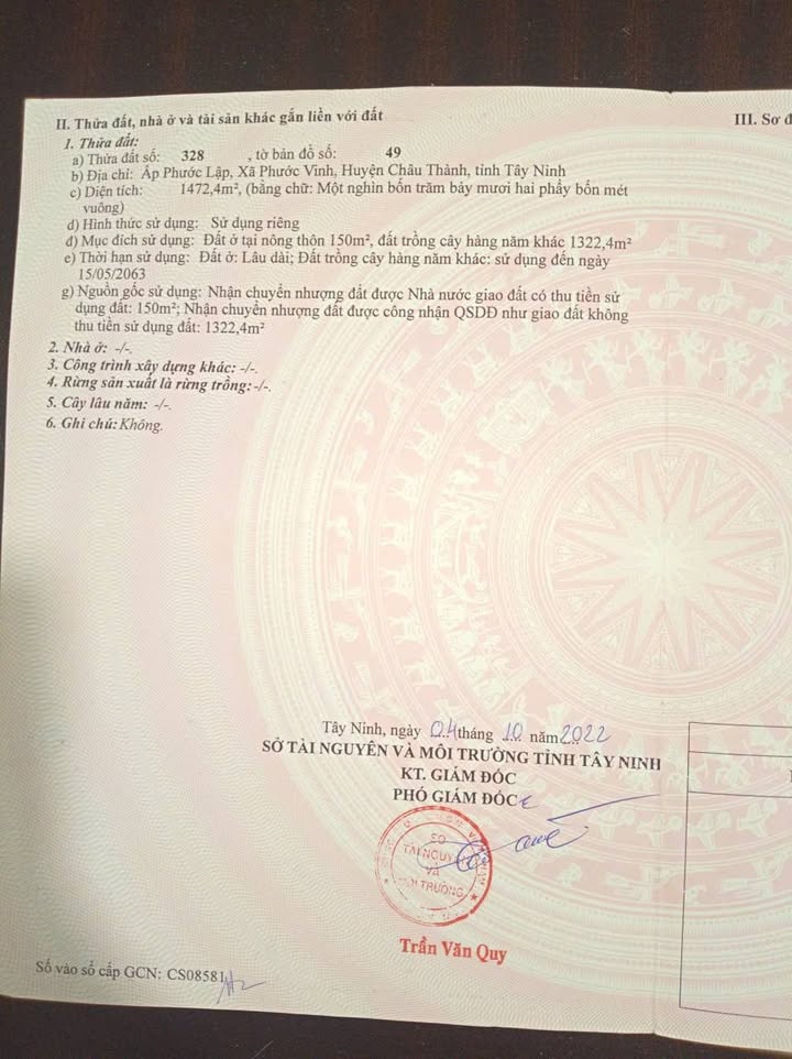 Đất thổ cư Châu Thành Tây Ninh 1224m² giá 45 triệu - Bán gấp, thương lượng ngay!