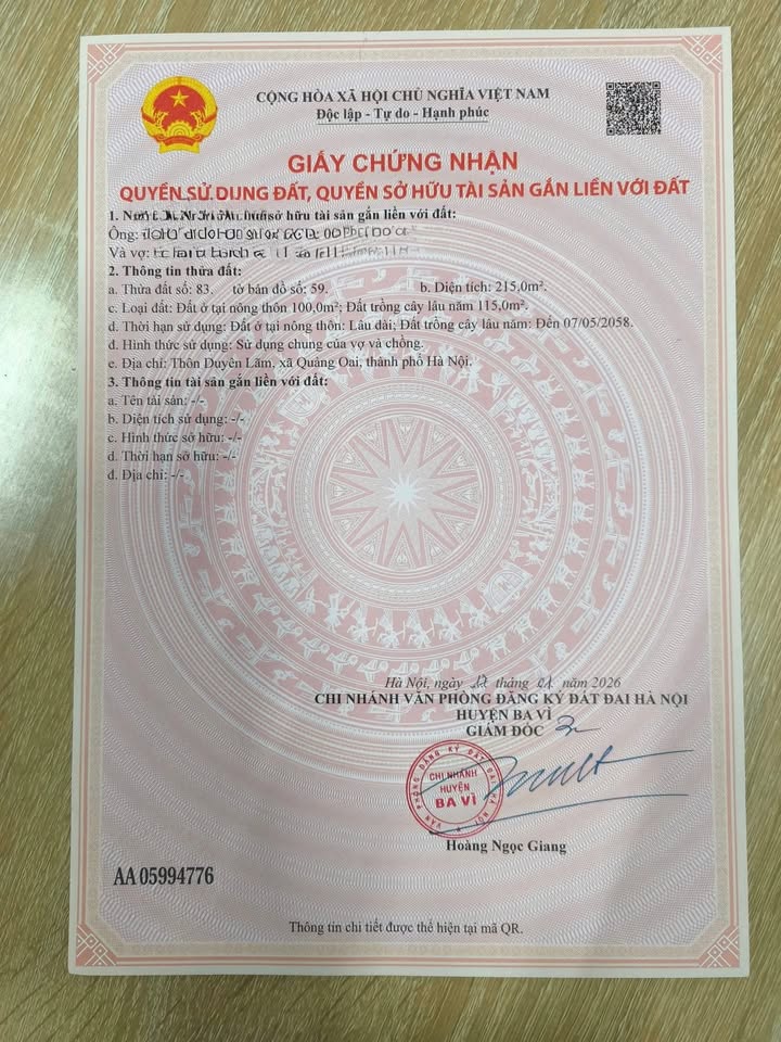 Đất nền tại Thụy An, Ba Vì 218m² giá 1 tỷ - Sổ hồng sang tên ngay!