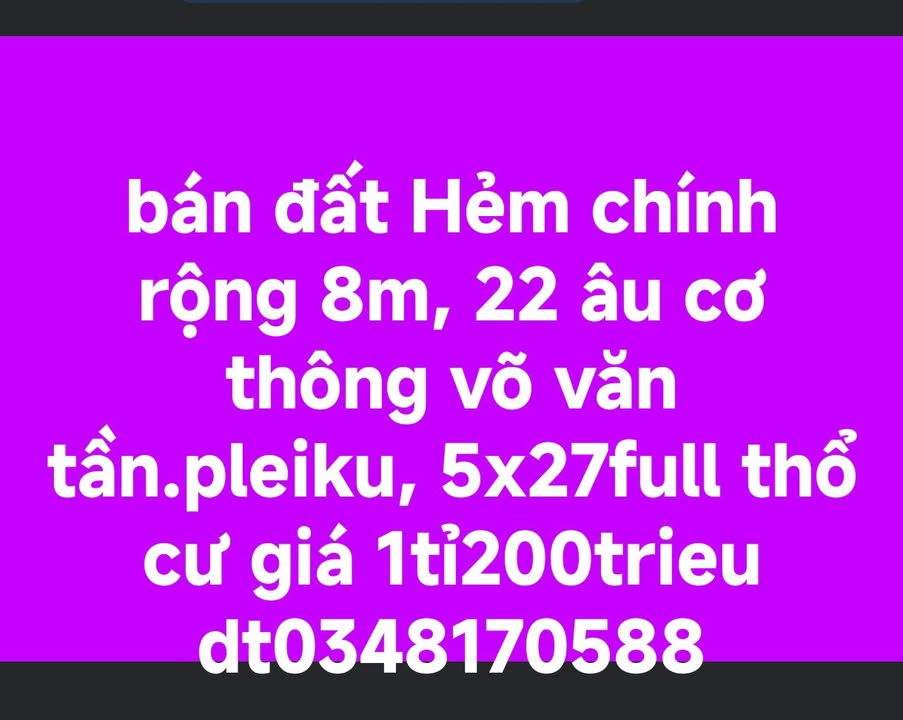 Đất nền chính chủ 135m² tại Võ Văn Tần, Pleiku - Giá chỉ 1.2 tỷ!
