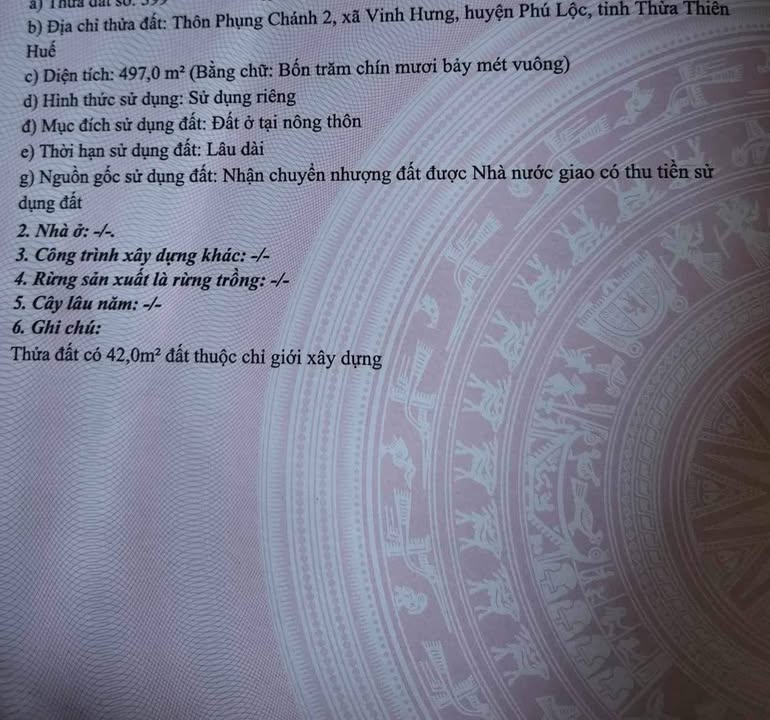 Đất thổ cư Vinh Lộc, Thành phố Huế 497m² giá 1,5 tỷ - Cơ hội đầu tư tuyệt vời!