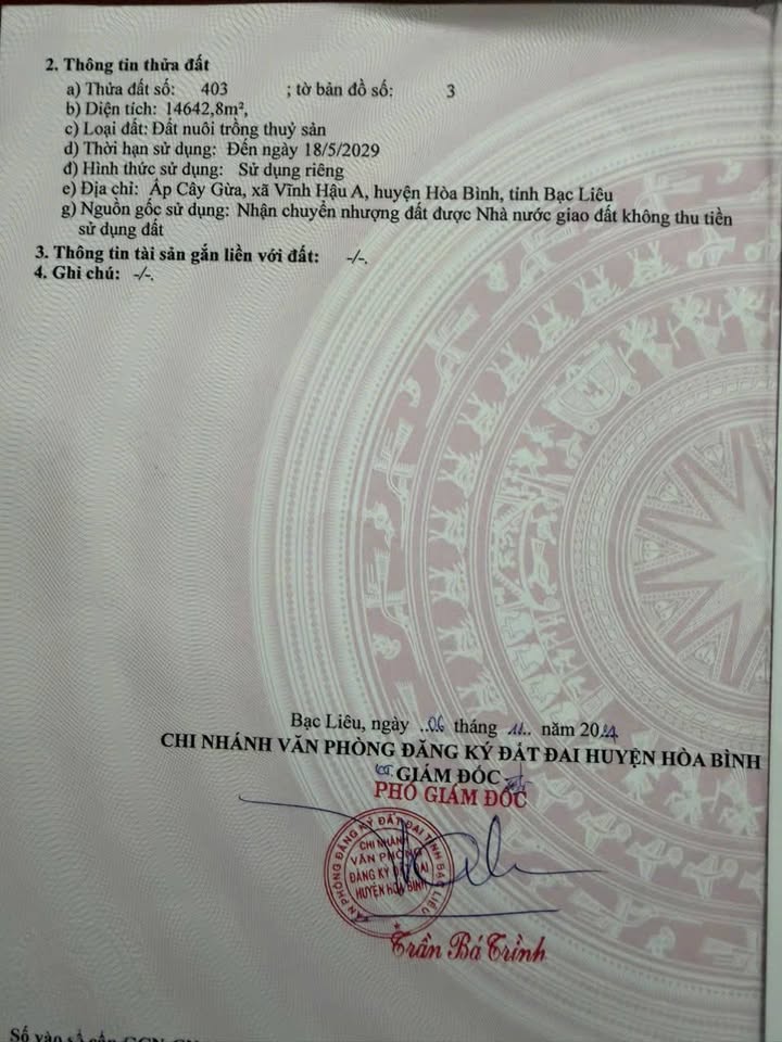 Đất nền 14642m² tại Ấp Cây Gừa, Huyện Hòa Bình, giá 850 triệu - Cơ hội đầu tư hấp dẫn!