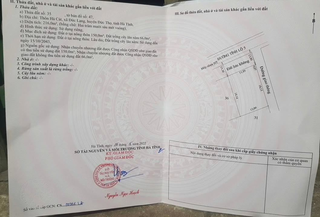 Đất thổ cư 216m² tại Đức Thọ, Hà Tĩnh - Vị trí đẹp, giá thỏa thuận!