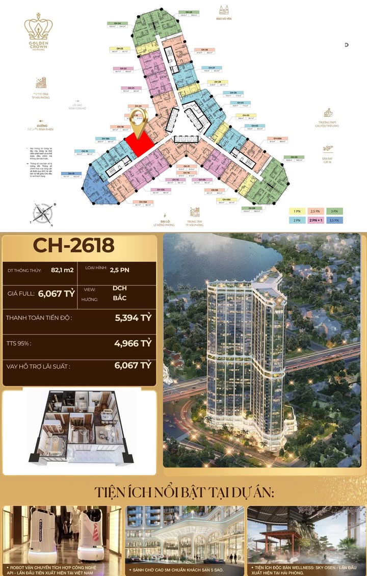 Căn hộ 2,5PN Golden Crown Hải Dương 82,18m² giá 6.067 tỷ - 7 tầm view triệu đô