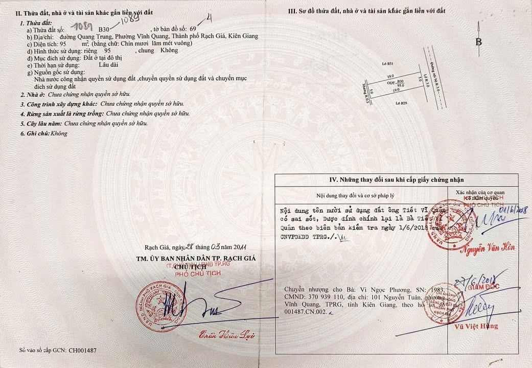 Đất nền đường Quang Trung, phường Vĩnh Quang, Rạch Giá 95m² - Sổ hồng chính chủ!