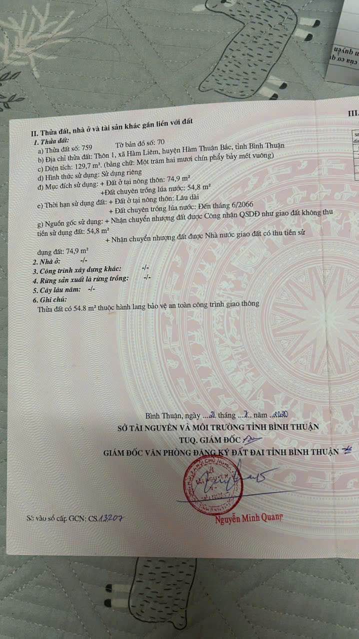 Đất thổ cư Hàm Liêm 129m² giá chỉ 865 triệu - Cơ hội đầu tư tuyệt vời!