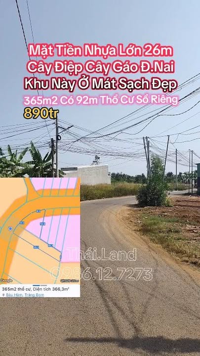 Đất thổ cư 365m² tại Đường Cây Điệp Cây Gáo, Trảng Bom, giá chỉ 890 triệu - Đầu tư thông minh!
