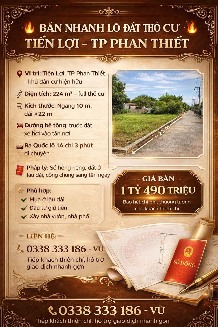 Lô đất thổ cư Tiến Lợi, TP Phan Thiết 224m² giá 1.49 tỷ - Đầu tư sinh lời nhanh!