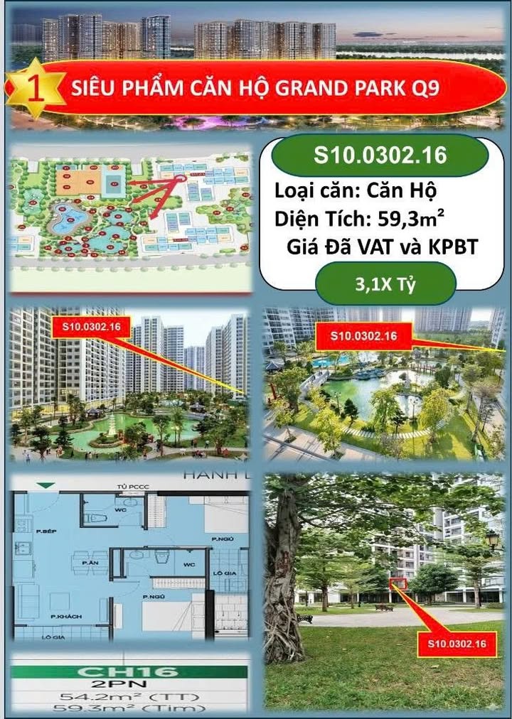 Căn hộ Vinhomes Grand Park Q9 59,3m² giá 3,1 tỷ - View công viên nội khu tuyệt đẹp!