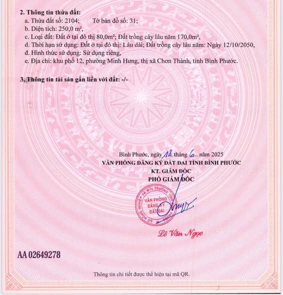 Đất thổ cư Khu phố 12, phường Minh Hưng 250m² giá 750 triệu - Cơ hội đầu tư hấp dẫn!