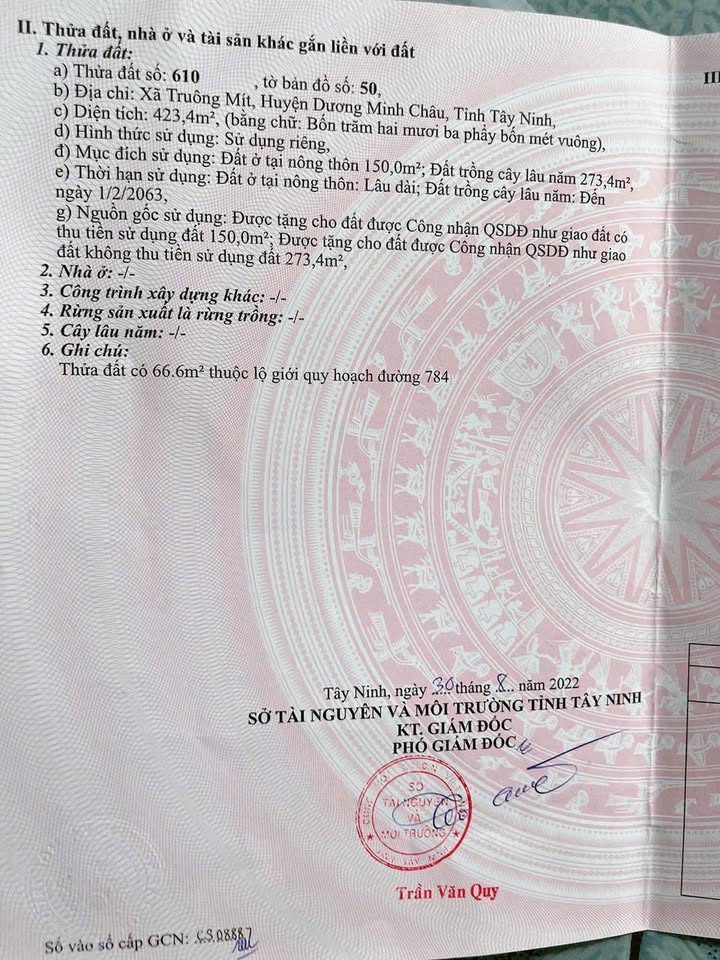 Đất mặt tiền đường ĐT784, Tây Ninh 423m² giá 1.85 tỷ - Pháp lý rõ ràng