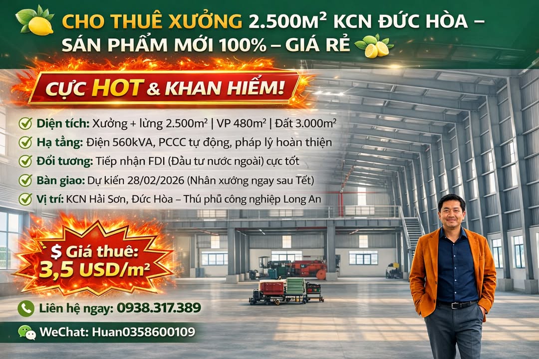 Cho thuê xưởng KCN Hải Sơn 2.500m² - Hoạt động ngay - Hạ tầng chuẩn FDI