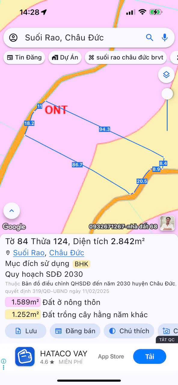 Đất 2.800m² tại Suối Rao, Châu Đức - Mặt tiền 29m, giá 2.4 tỷ - Sổ hồng chính chủ!