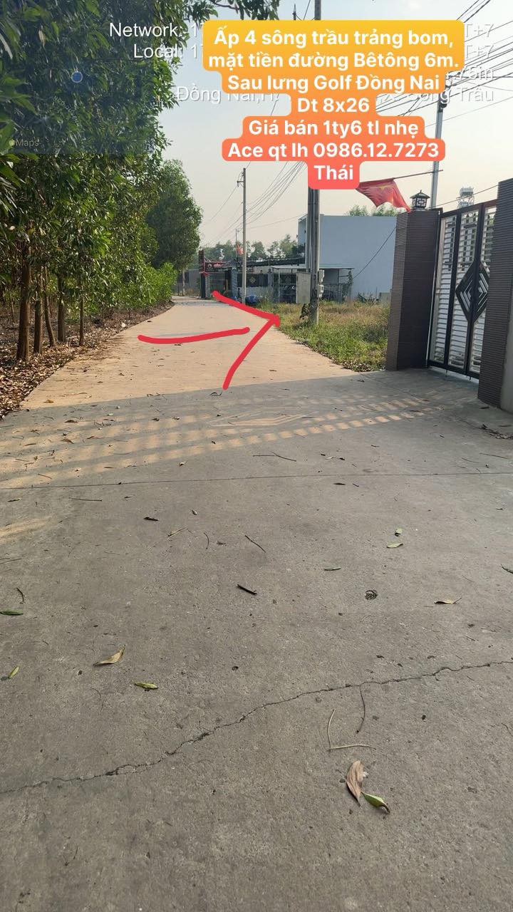 Đất nền Ấp 4 Sông Trầu 208m² giá 1.6 tỷ - Mặt tiền đường bê tông 6m