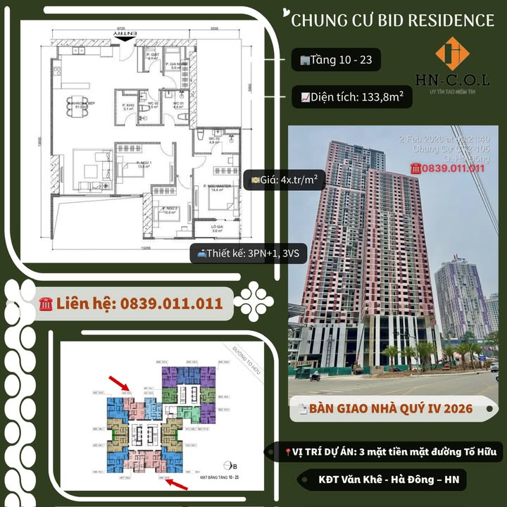 Chung cư Bid Residence Hà Đông: Căn hộ 133.8m² giá 6.48 tỷ - View Công viên