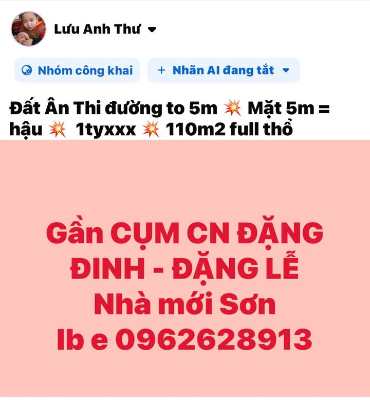 Đất thổ cư xã Đặng Lễ, huyện Ân Thi 110m² giá 1 tỷ - Đầu tư sinh lời ngay!