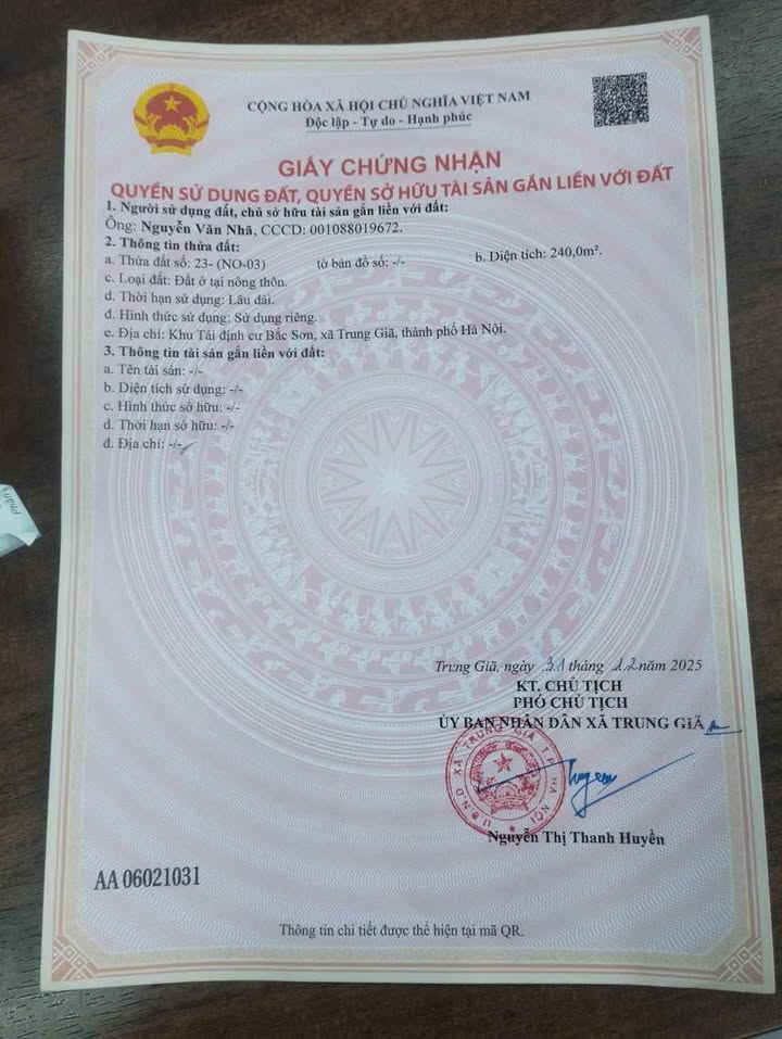 Đất nền 240m² tại Xã Trung Giã, Huyện Sóc Sơn - Sổ đỏ chính chủ, giá thỏa thuận!