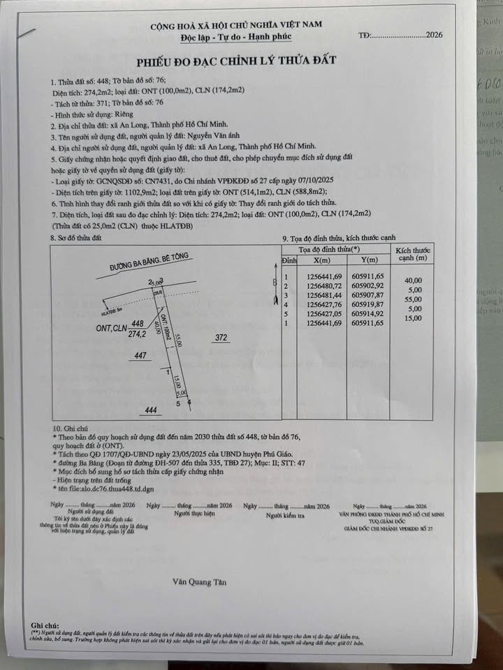 Đất thổ cư Xã An Linh, Huyện Phú Giáo 275m² - Sổ hồng chính chủ, giá tốt!