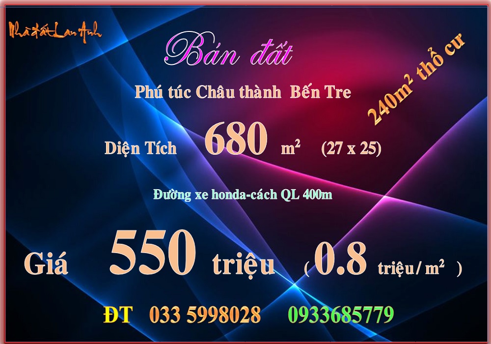 Đất thổ cư 240m² tại Phú Túc, Châu Thành, Bến Tre - Giá chỉ 550 triệu