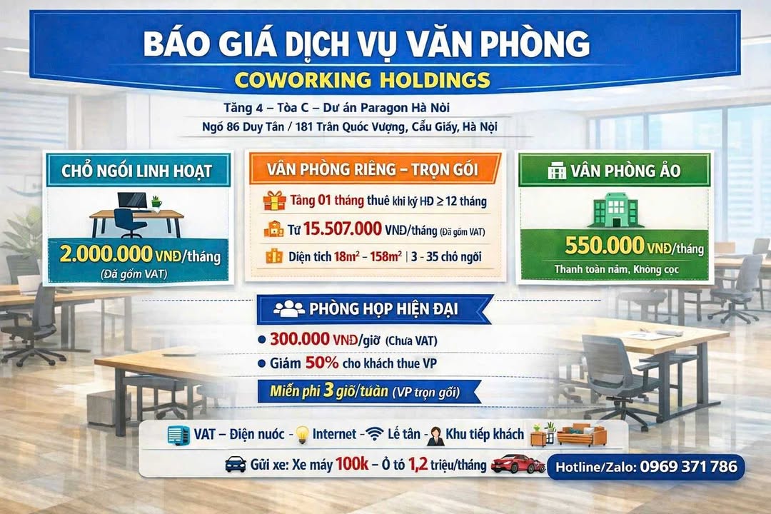 Văn phòng cho thuê Tòa C Paragon, Dịch Vọng Hậu 48m² - Căn góc duy nhất còn trống!