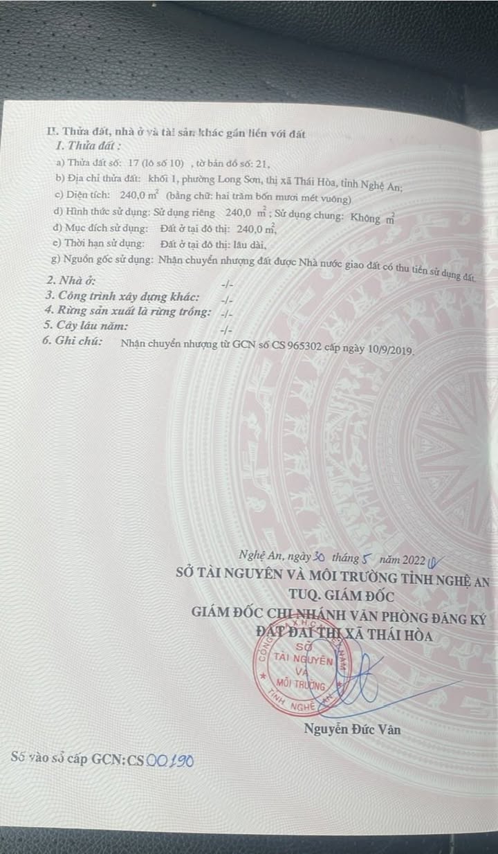 Đất nền Phường Thái Hoà 240m² giá thỏa thuận - Mặt đường nhựa QH 54m