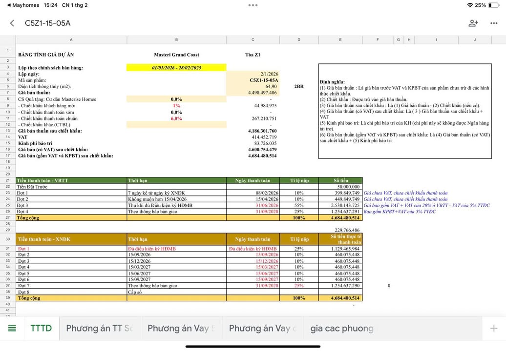 Căn hộ 2PN Masteri Grand Coast 64.9m² - Tòa Z1, View Nội Khu Royal Wave Park