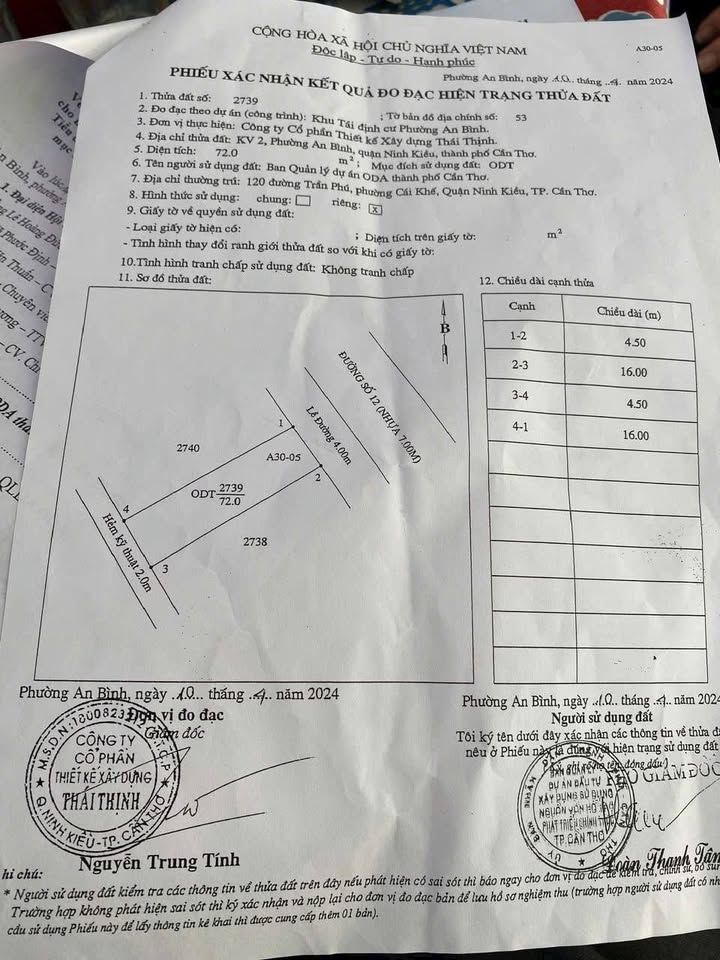 Đất thổ cư An Bình Cần Thơ 72m² giá 2.8 tỷ - Sổ hồng chính chủ!