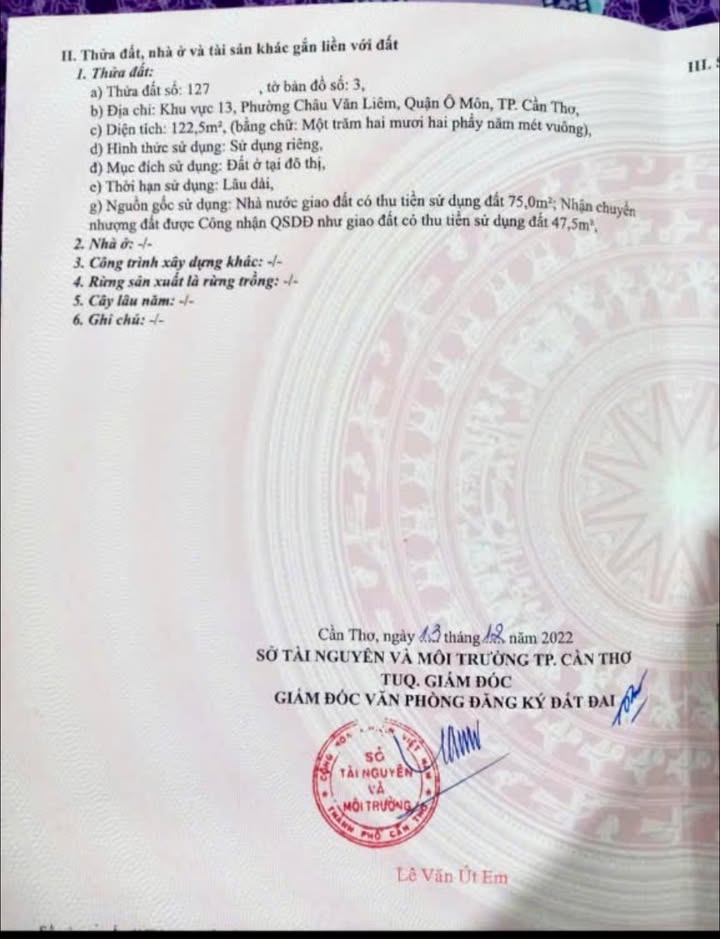 Bán nền thổ cư 122m² Phường Thới An, Ô Môn - Giá 500 triệu