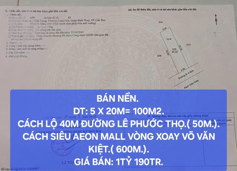 Đất nền Quận Bình Thủy, Cần Thơ 100m² giá 1.19 tỷ - Vị trí đắc địa gần AEON MALL!