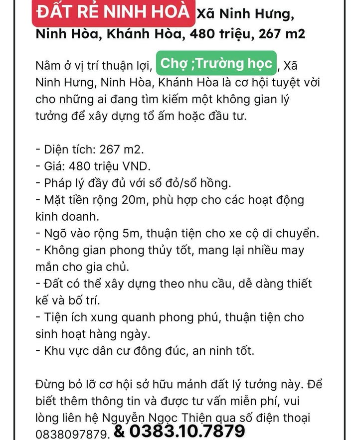 Đất nền Xã Ninh Hưng 267m² giá 480 triệu - Cơ hội đầu tư hấp dẫn!