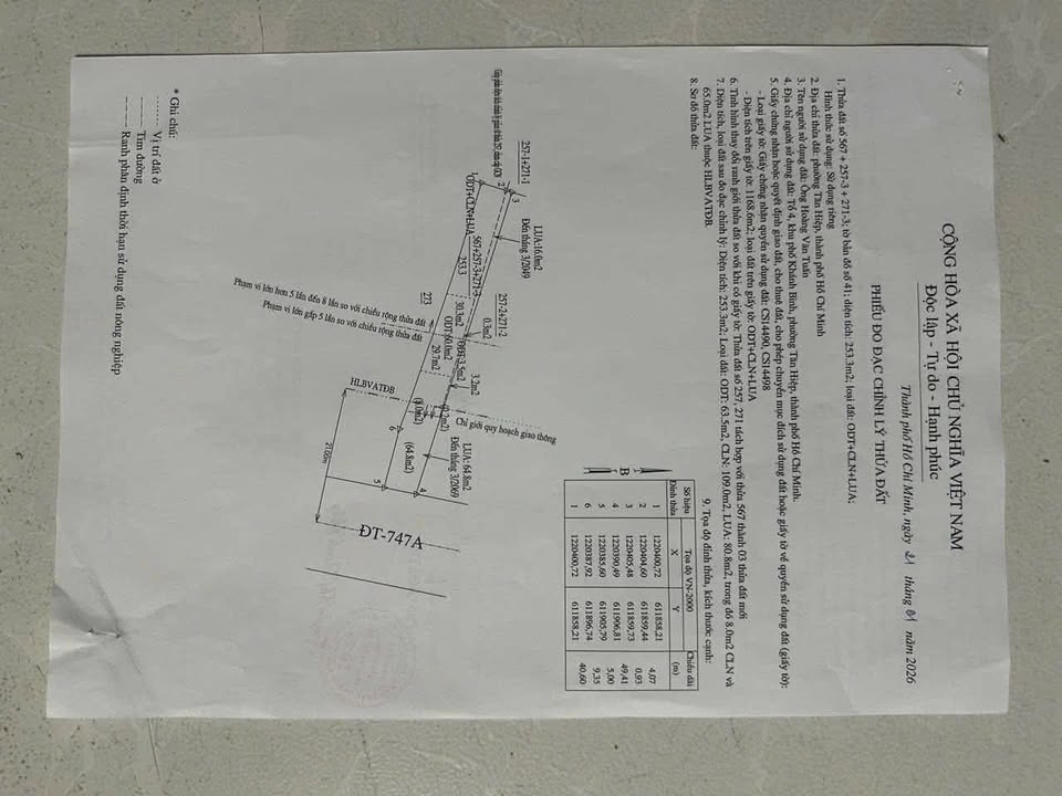 Đất thổ cư Huyện Dầu Tiếng 747m² giá 3 tỷ - Mặt tiền đường DT 747