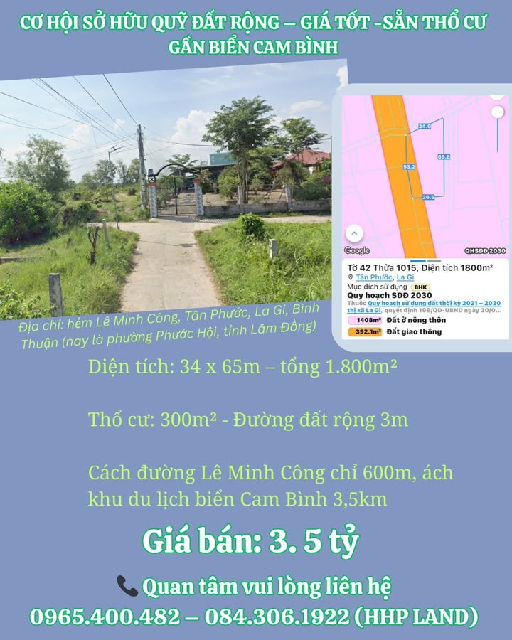 Đất Vườn Nghỉ Dưỡng La Gi 1800m² - Sổ Đỏ Thổ Cư - Gần Biển Cam Bình