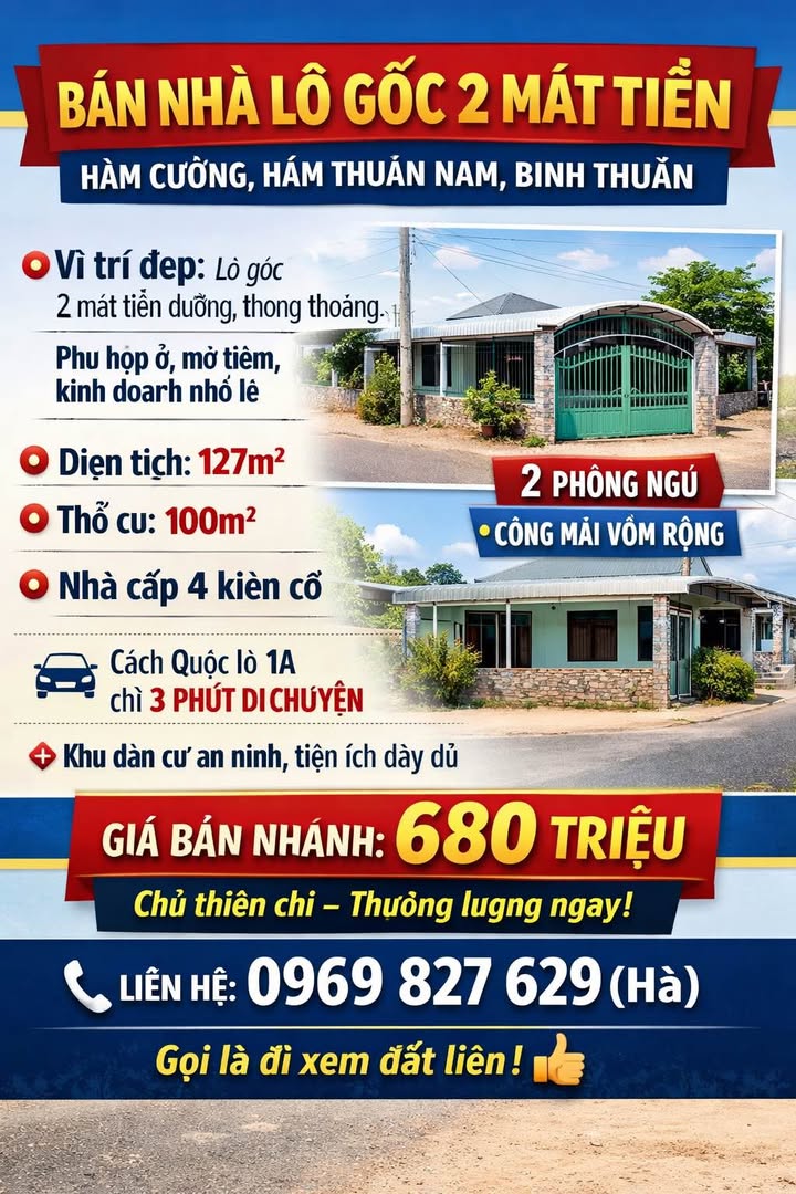 Nhà lô góc 2 mặt tiền Hàm Cường 127m² giá 680 triệu - Kinh doanh thuận lợi!
