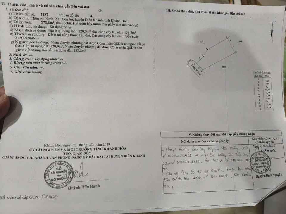 Đất xây nhà vườn Thôn An Ninh, Diên An, Diên Khánh 278.8m² giá 3.36 tỷ - Sổ đỏ chính chủ!