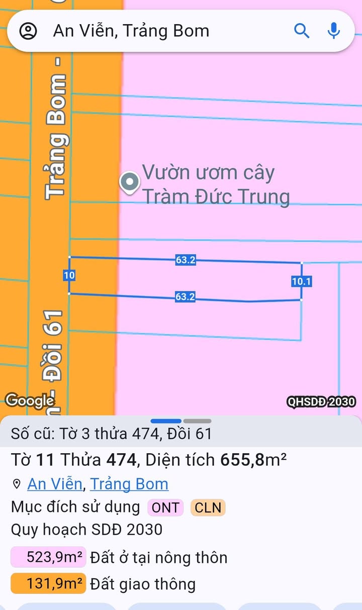 Đất nền mặt tiền Trảng Bom An Viễn 656m² giá 5 tỷ - Kinh doanh thuận lợi!