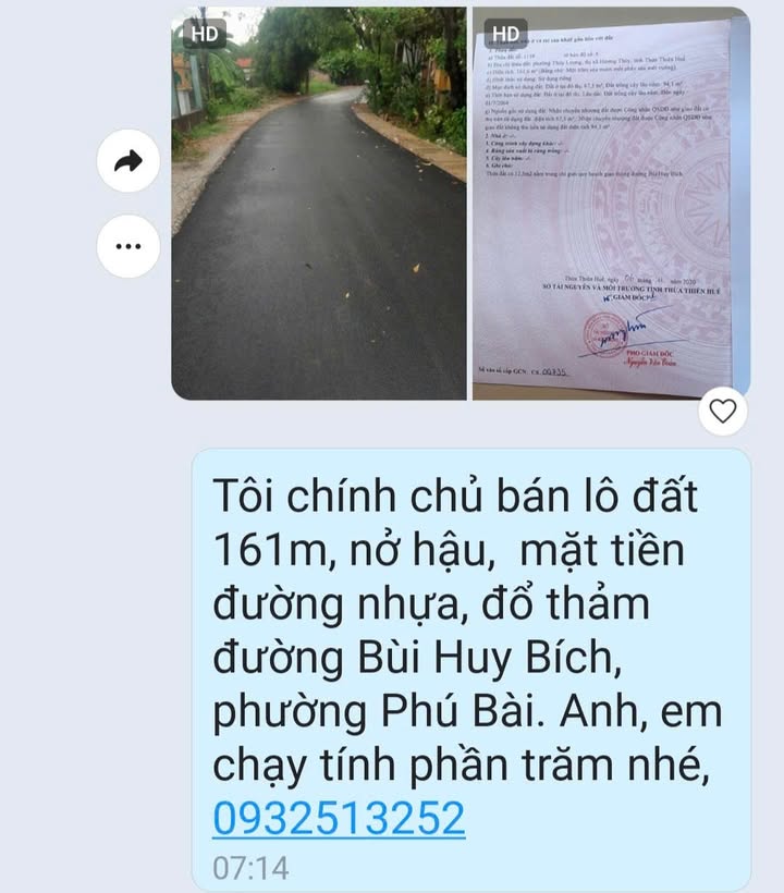 Đất nền Phú Bài, 161m² giá thỏa thuận - Nở hậu, mặt tiền đường nhựa