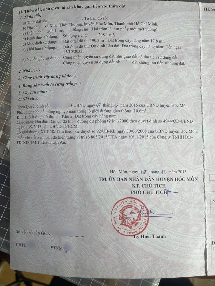 Đất nền 2 mặt tiền đường XTT58, Hóc Môn 208m² giá 8 tỷ - Đầu tư sinh lời ngay!