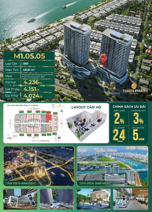 Căn hộ 1PN The Meridian Đà Nẵng 48m² giá 4.024 tỷ - View trực diện Downtown hiếm có!