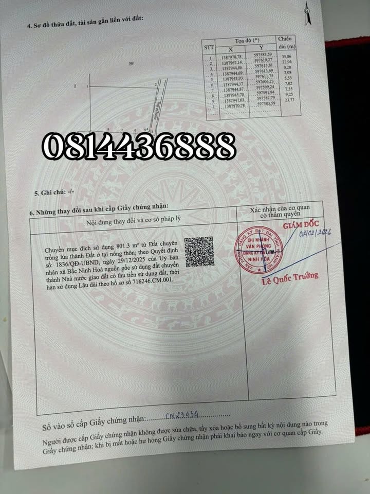 Đất thổ cư Ninh Hòa 800m² giá 720 triệu - Sổ đỏ chính chủ, bán nhanh!