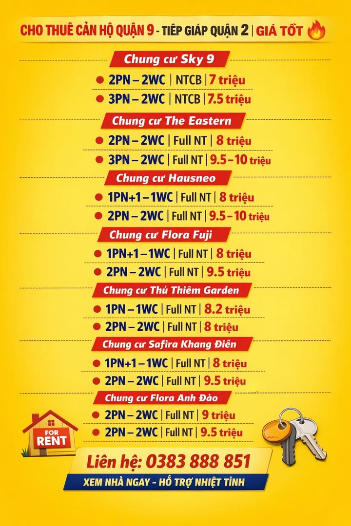 Cho thuê căn hộ Quận 9 giá tốt, nhiều lựa chọn