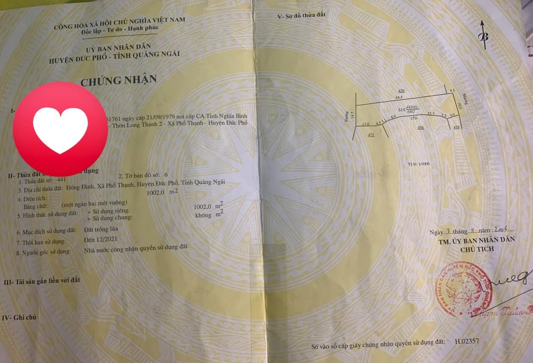 Đất nền 1.002m² tại Đức Phổ, Quảng Ngãi - Giá chỉ 600 triệu, sổ đỏ chính chủ!