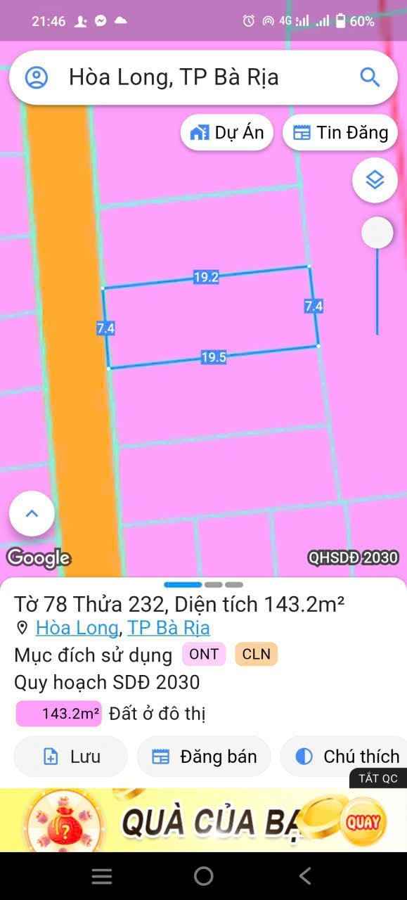 Đất thổ cư 143m² tại Đường 50, Hòa Long - Giá chỉ 1.65 tỷ - Sổ hồng riêng!