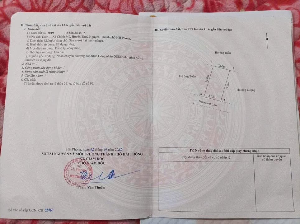 Đất thổ cư thôn 1 Chính Mỹ, Thủy Nguyên 62m² giá 500 triệu - Hướng Nam tài lộc!