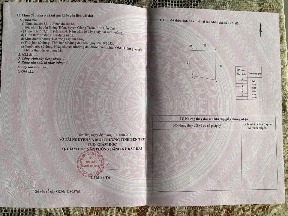 Đất nền Thị trấn Giồng Trôm 507m² giá 600 triệu - Cơ hội đầu tư tuyệt vời!