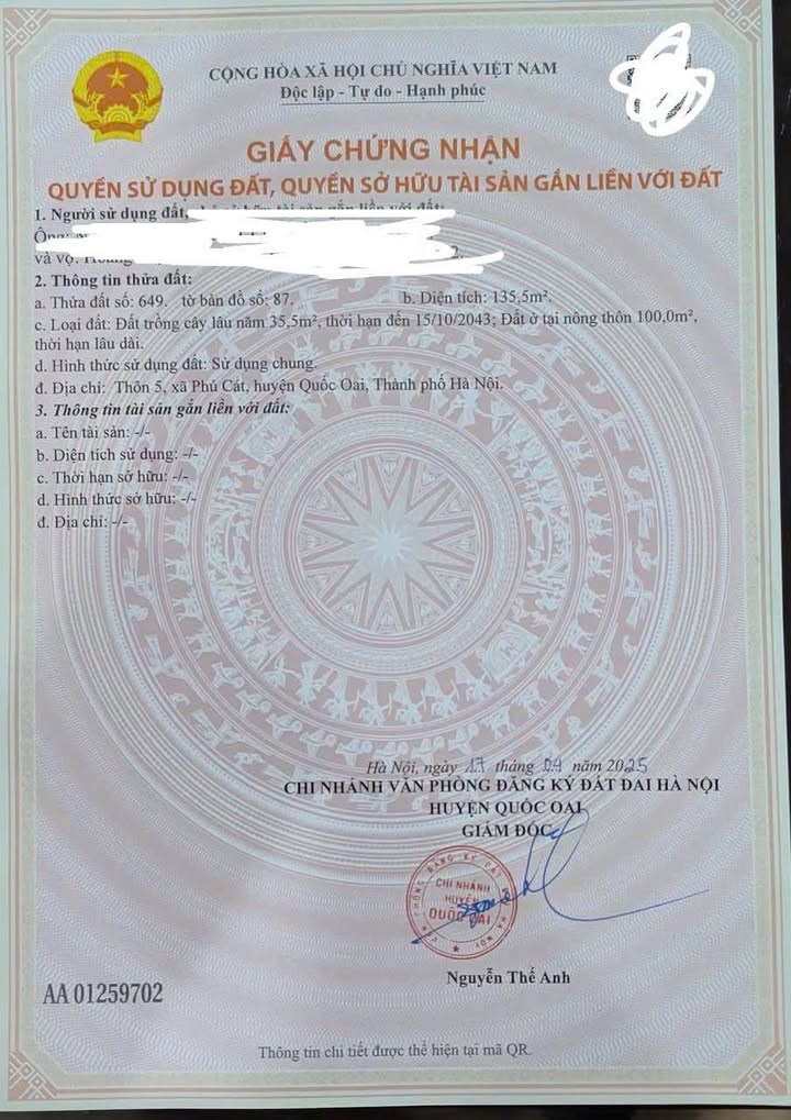 Đất thổ cư 135m² thôn 5, xã Phú Cát - Gần nhà máy in tiền, cơ hội đầu tư hấp dẫn!