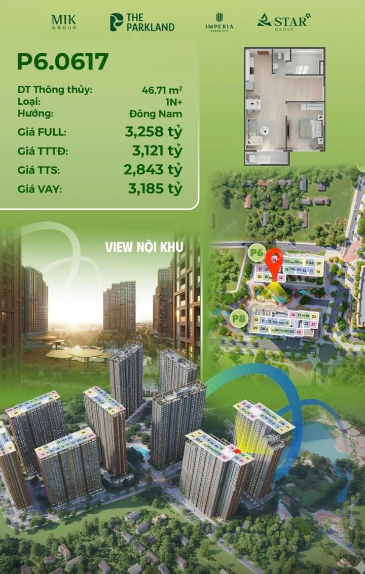 Căn hộ 1N+ Vinhomes Ocean Park 46,71m² giá 2.843 tỷ - Hướng Đông Nam mát mẻ!