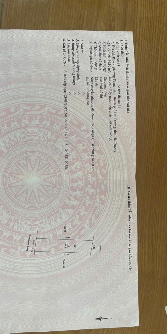 Đất nền phố Trần Khát Chân, TP Hải Dương 74m² giá 2.5 tỷ - Tiềm năng sinh lời cao!